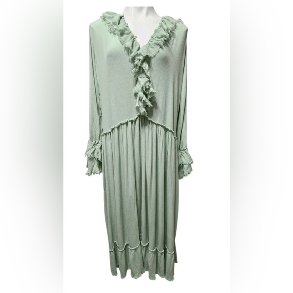 NWT Free People Sage Green Ruffled Long Sleeve Dress - Picture 2 of 4